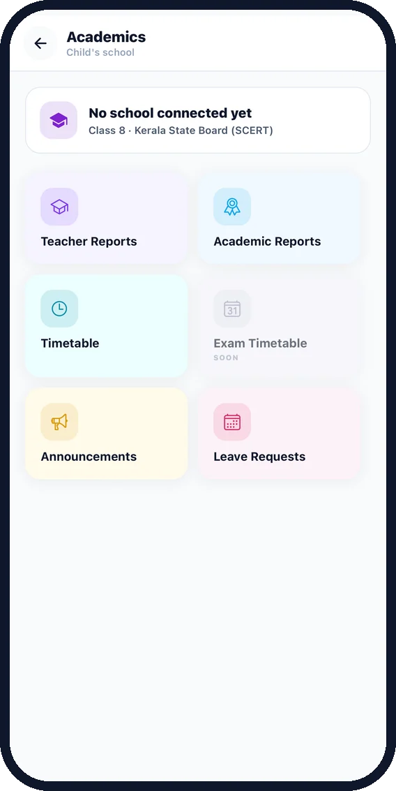 Academics hub: teacher reports, timetable, leave requests