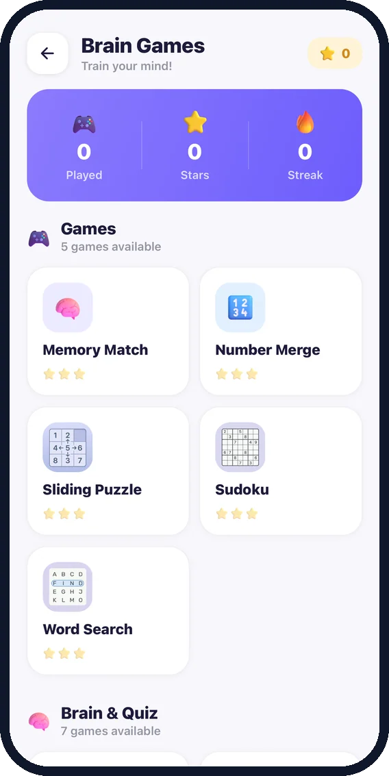 Brain games: Memory Match, Number Merge, Sudoku and more