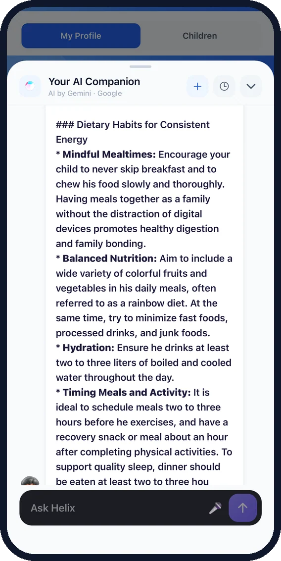 Helix answering a nutrition question in chat