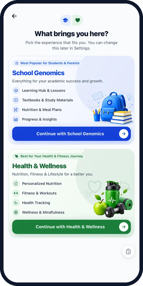 Choosing School Genomics or Health & Wellness at sign-up