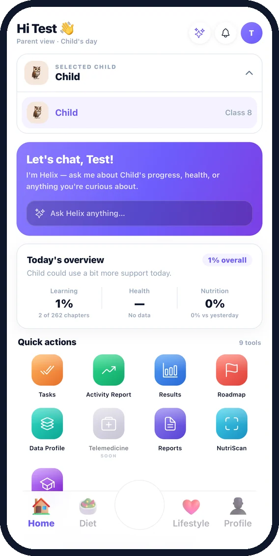 Parent home with today’s overview and quick actions