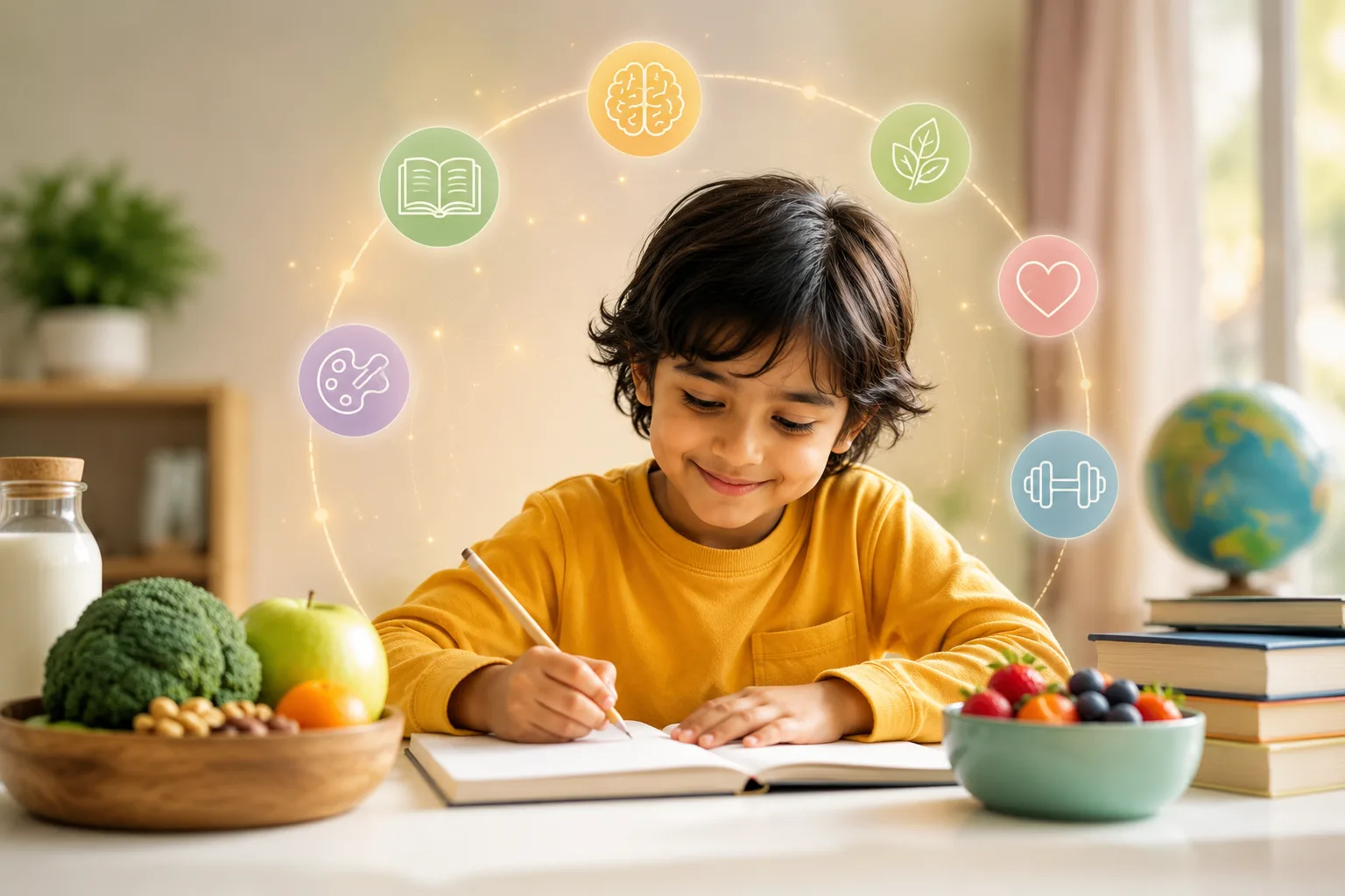 A smiling child writing in a notebook, surrounded by icons for learning, the brain, nutrition, health, creativity and fitness
